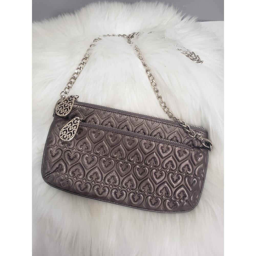 Brighton Leather Shoulder Bag‎ Wristlet Wallet Peweter Embossed Hearts Metallic